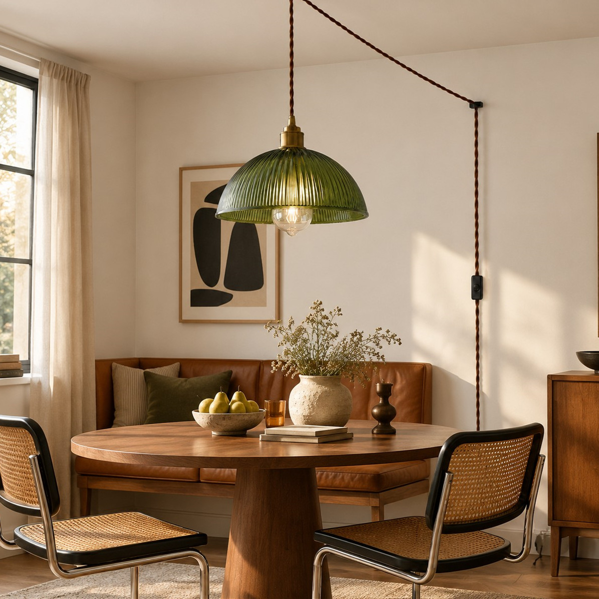 Vintage Ribbed Glass Shade Plug‑in Swag Pendant Light - Hanging Lamp for Dining and Living Room