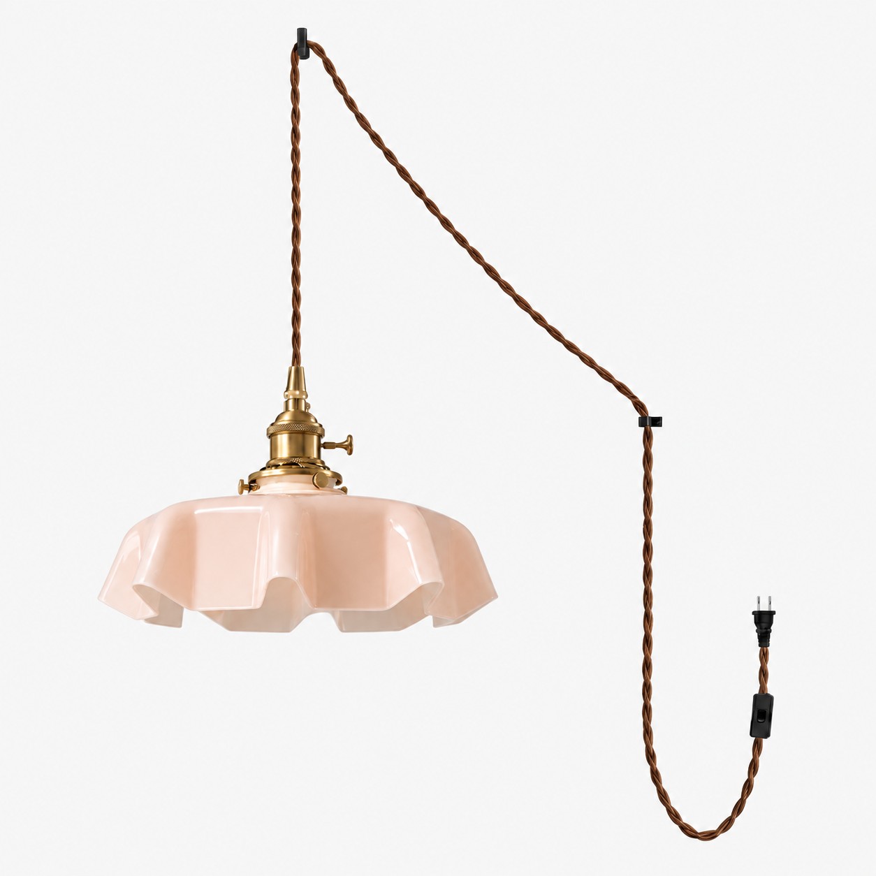 Pleated Glass Antique Brass Plug-In Swag Pendant