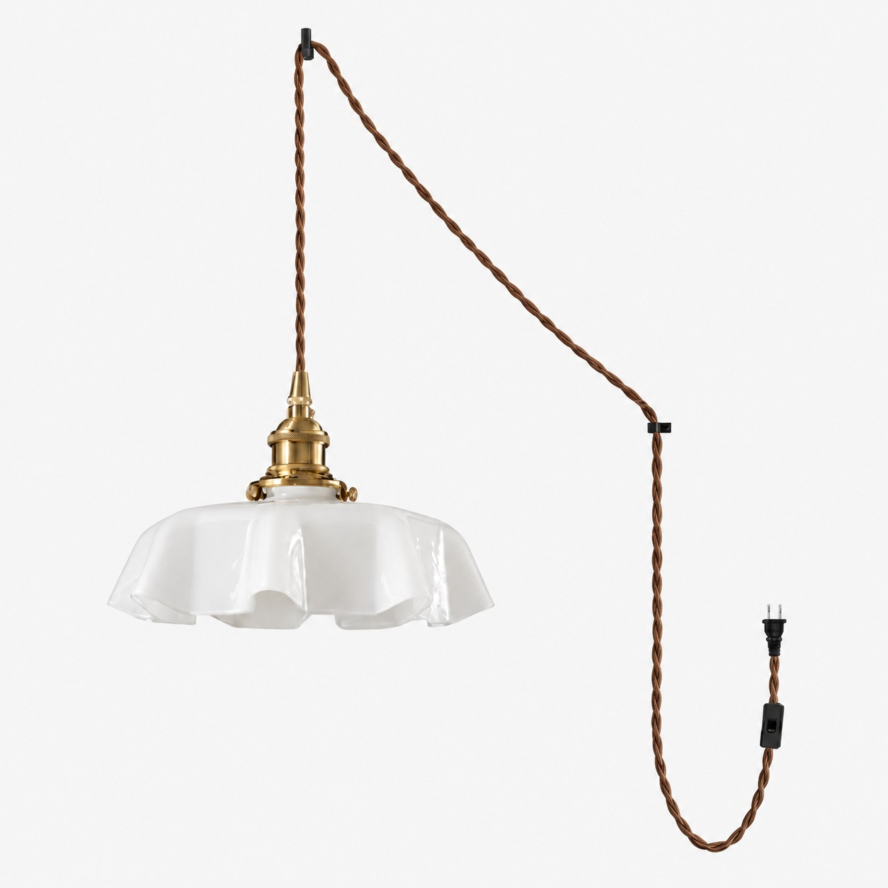 Pleated Glass Antique Brass Plug-In Swag Pendant