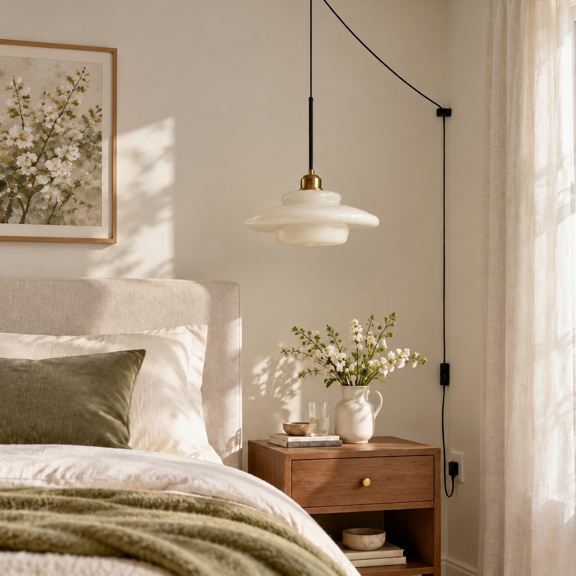 Vintage Milk White Glass Plug-In Pendant Light