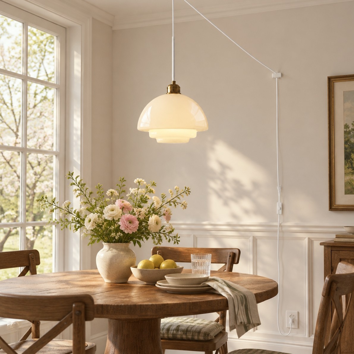 Vintage Milk White Glass Plug-In Pendant Light