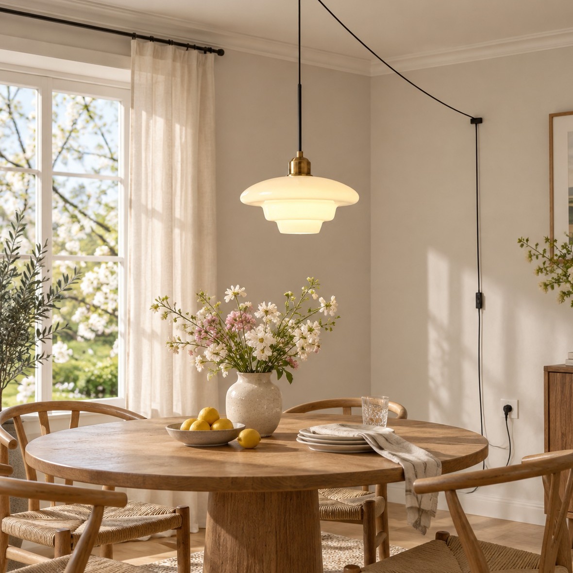 Vintage Milk White Glass Plug-In Pendant Light