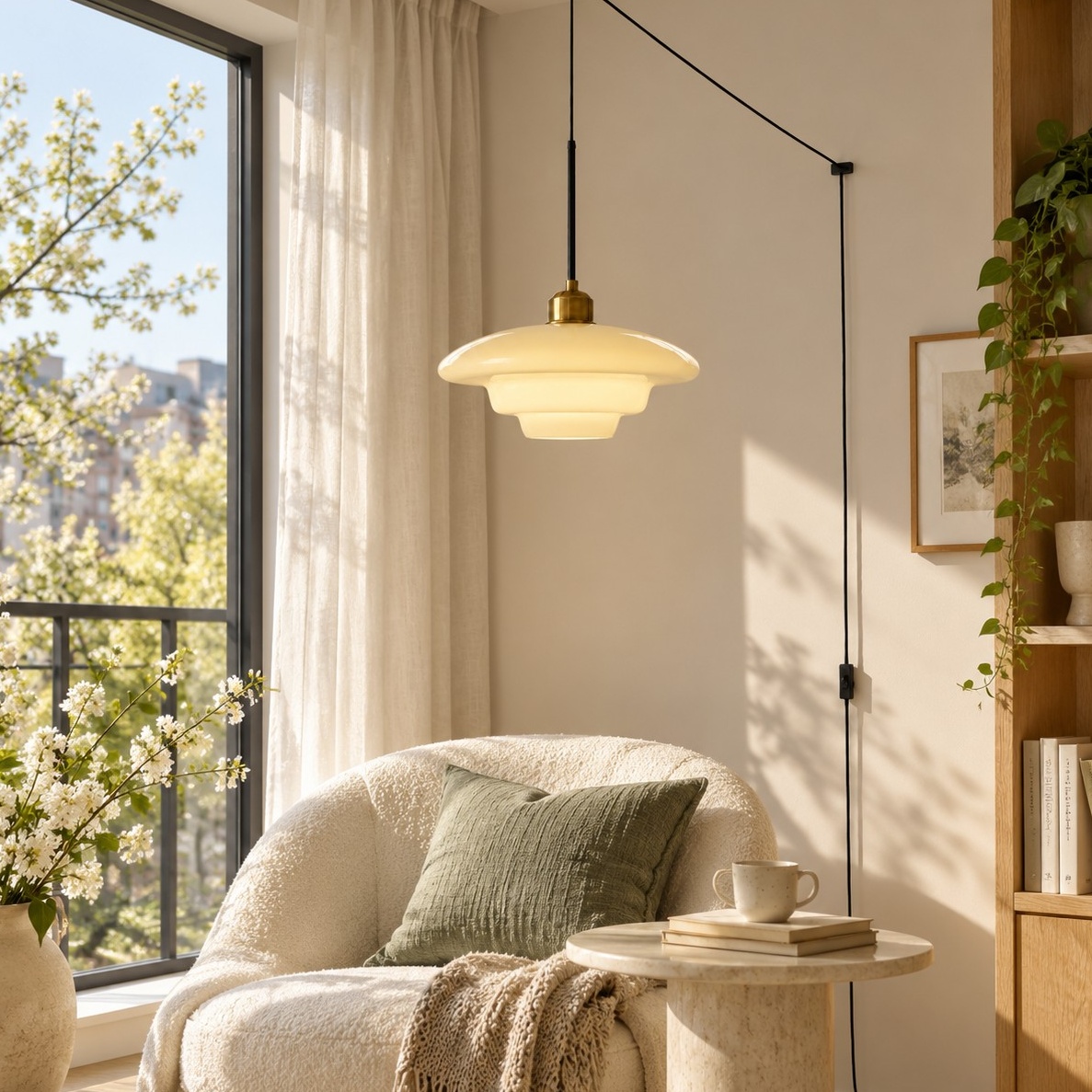 Vintage Milk White Glass Plug-In Pendant Light