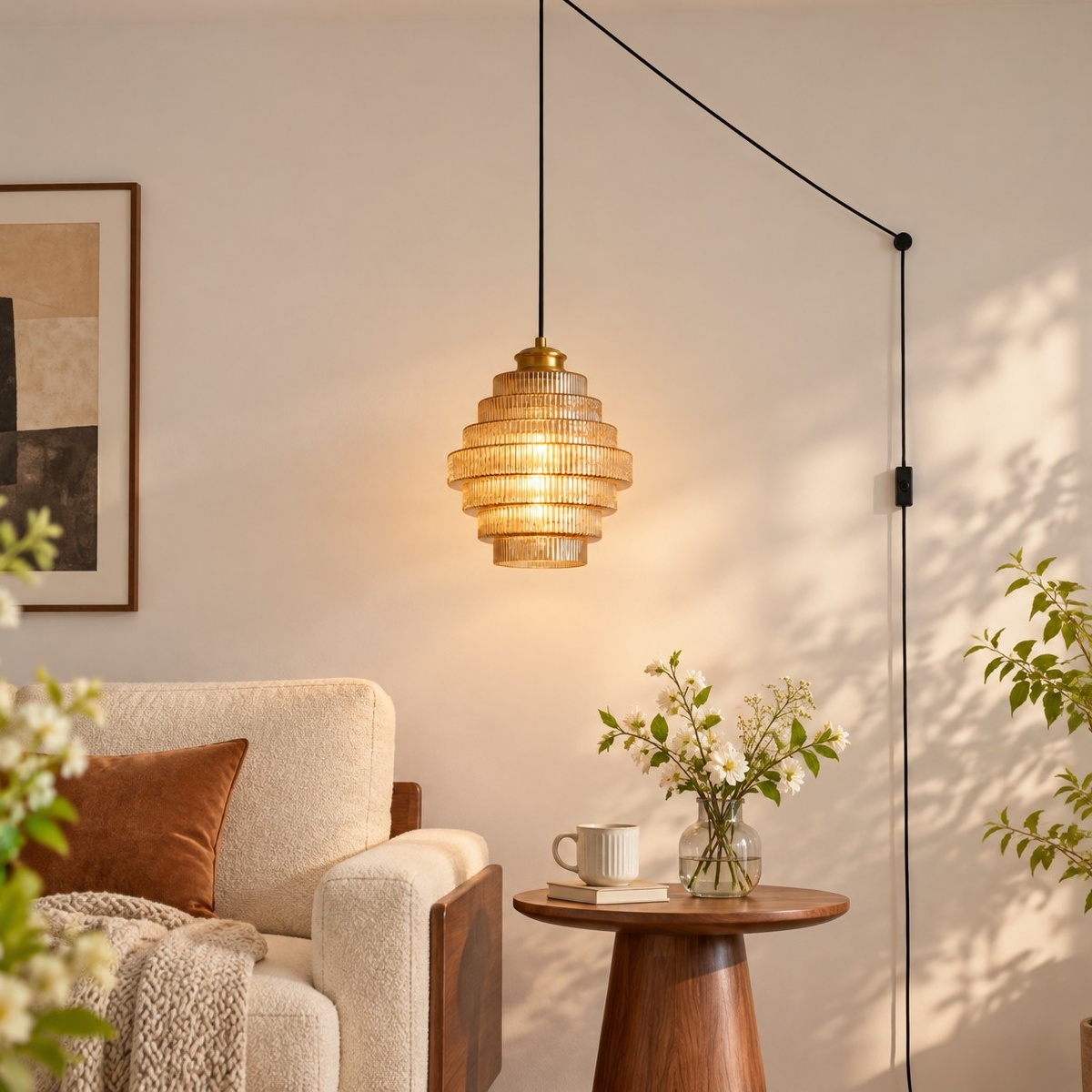 Lampada a sospensione con spina e vetro scanalato
