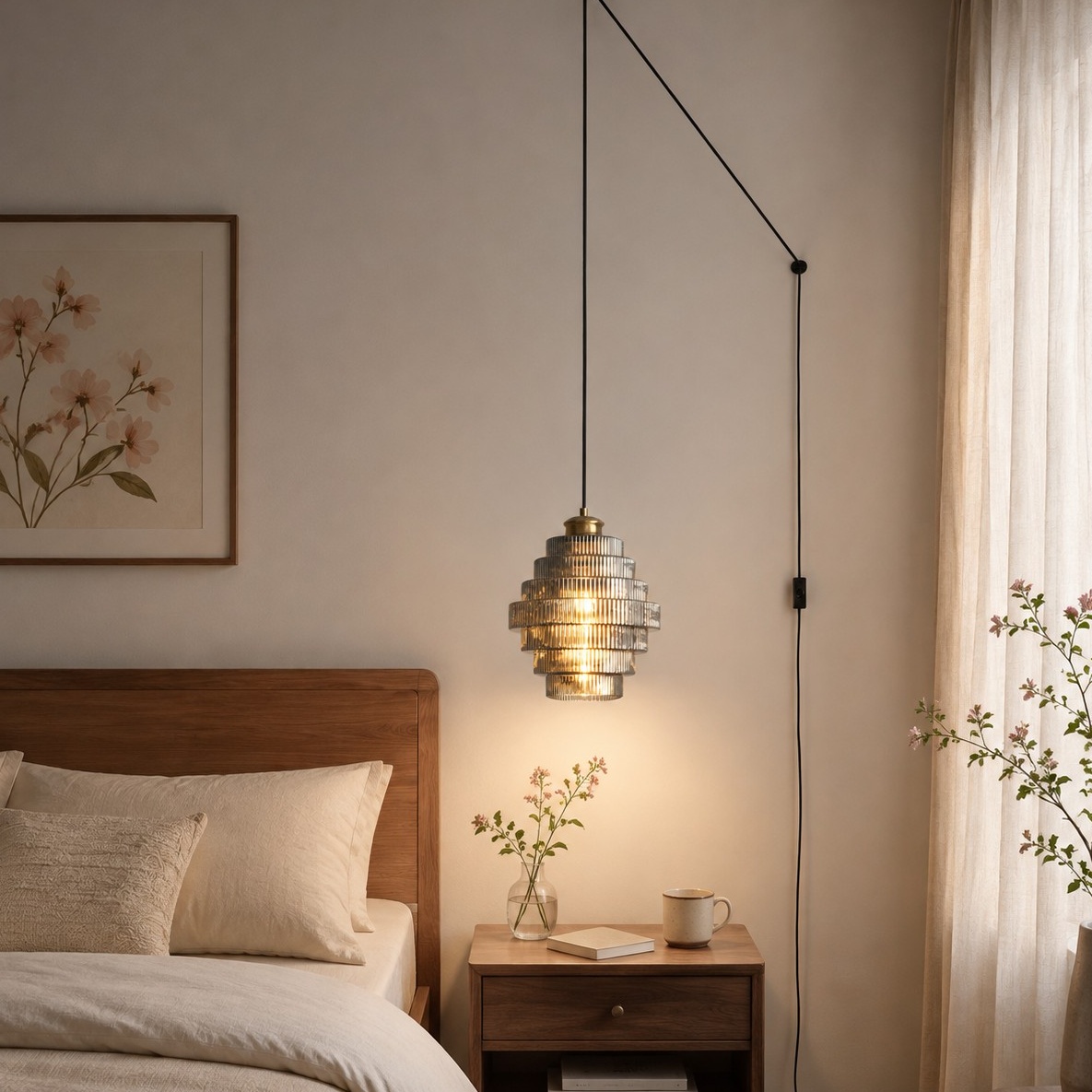 Lampada a sospensione con spina e vetro scanalato