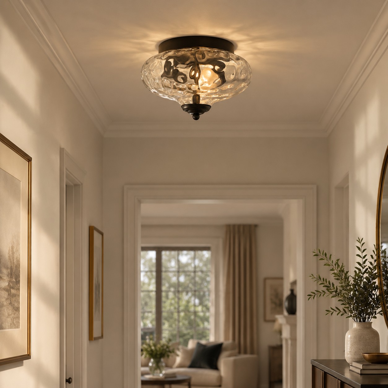 Modern Farmhouse 2-Light Hammered Water Glass Flush Mount Ceiling Light