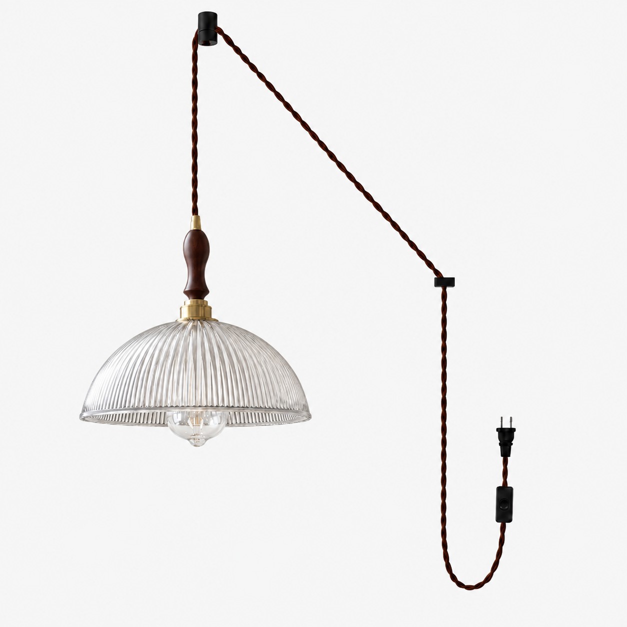 Vintage Ribbed Glass Shade Plug‑in Swag Pendant Light - Hanging Lamp for Dining and Living Room