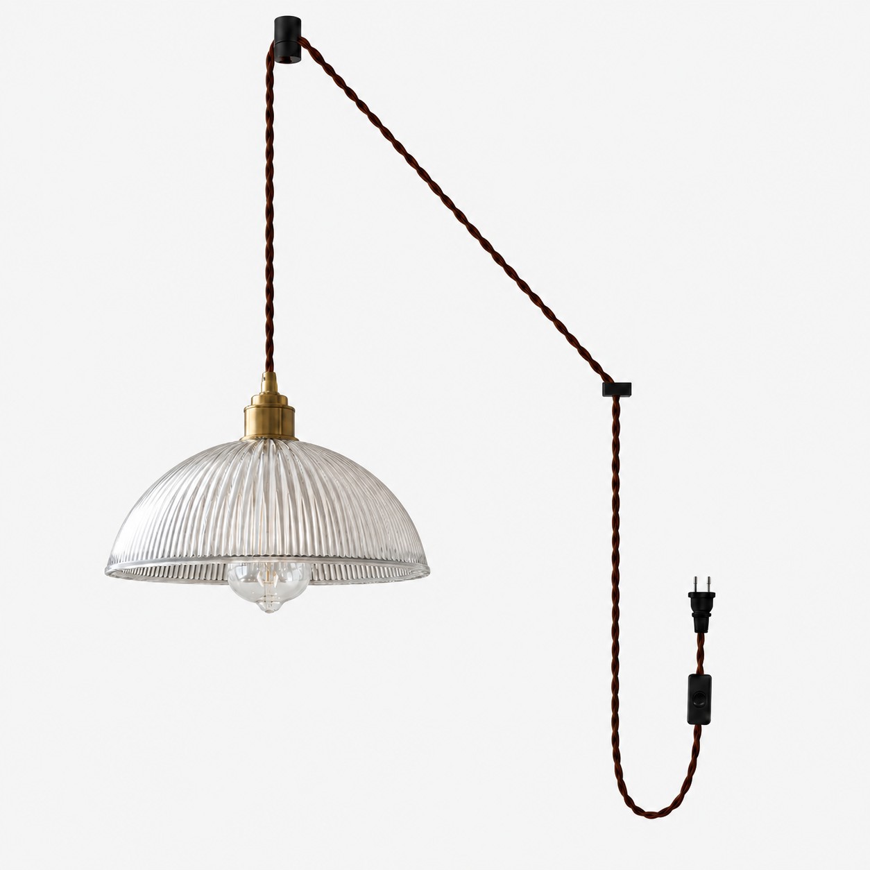 Vintage Ribbed Glass Shade Plug‑in Swag Pendant Light - Hanging Lamp for Dining and Living Room
