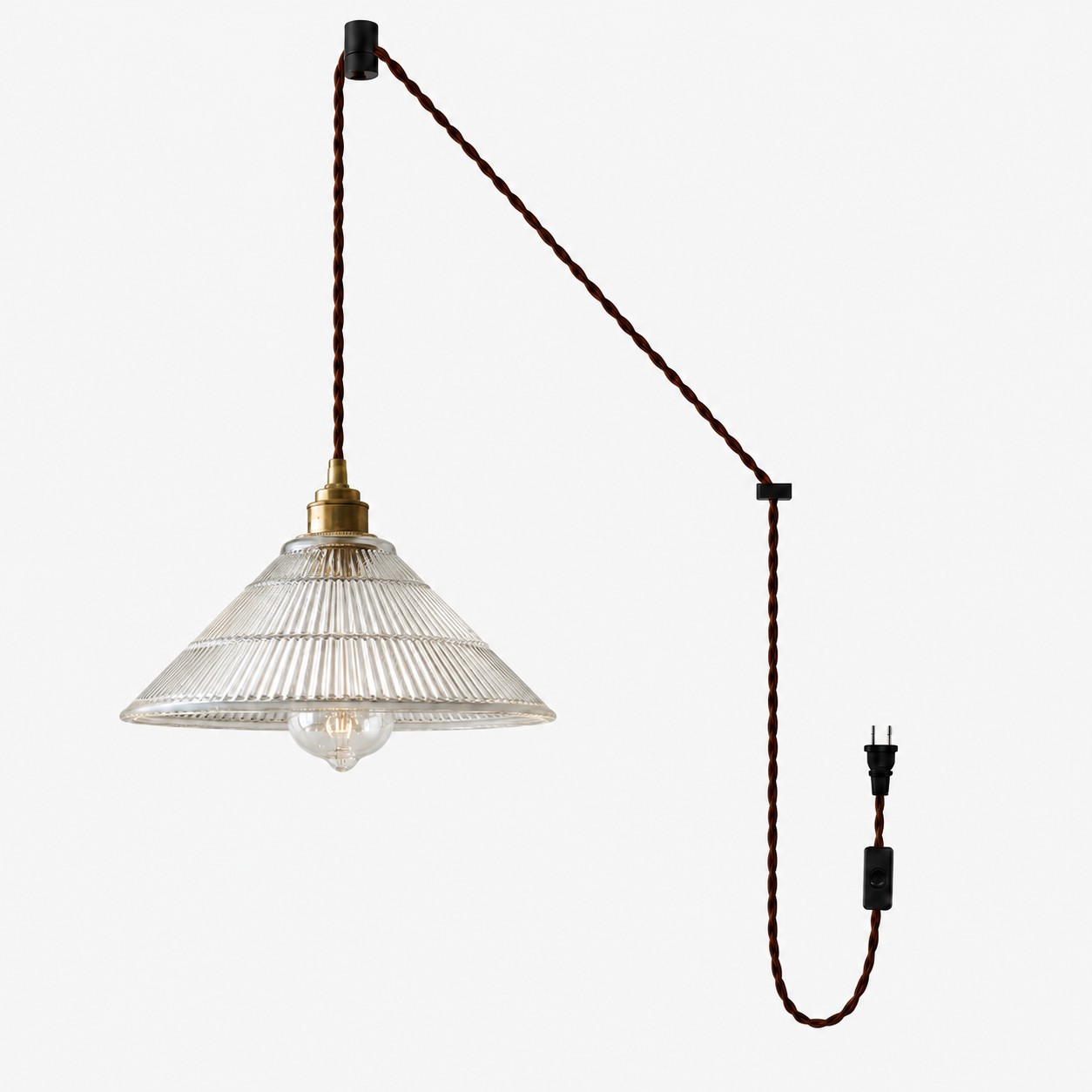 Vintage Ribbed Glass Shade Plug‑in Swag Pendant Light - Hanging Lamp for Dining and Living Room