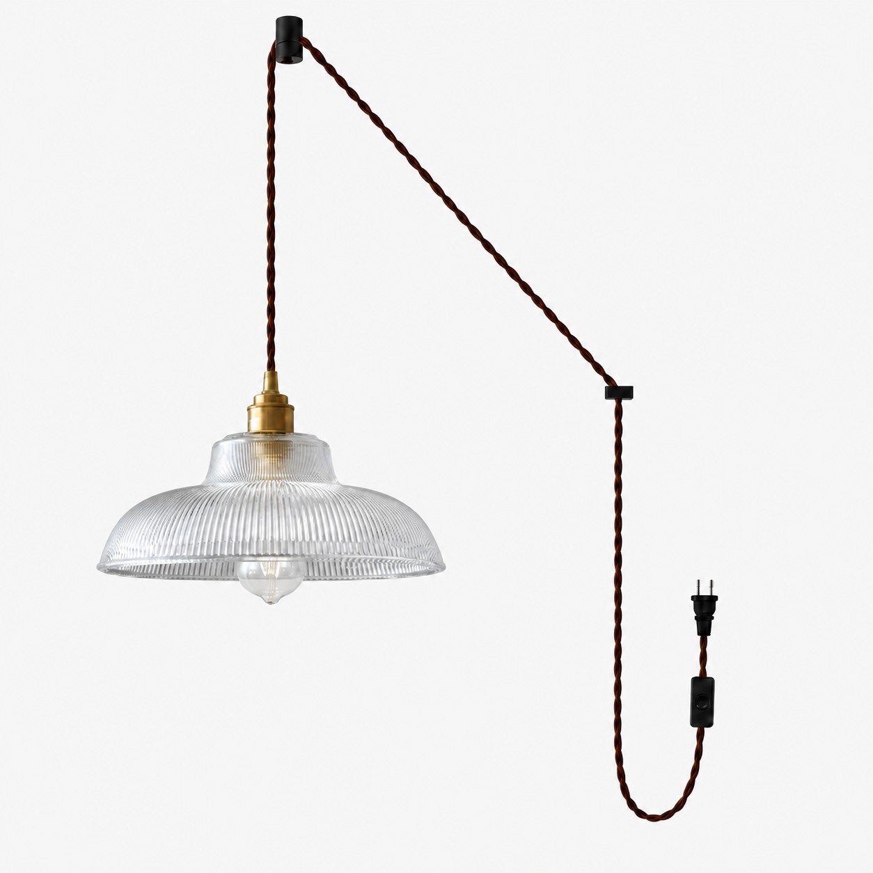 Vintage Ribbed Glass Shade Plug‑in Swag Pendant Light - Hanging Lamp for Dining and Living Room