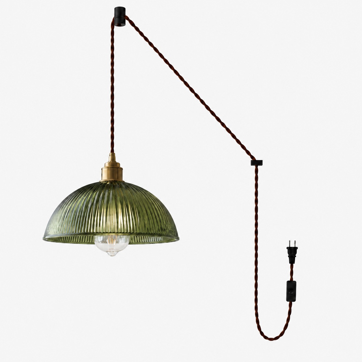Vintage Ribbed Glass Shade Plug‑in Swag Pendant Light - Hanging Lamp for Dining and Living Room