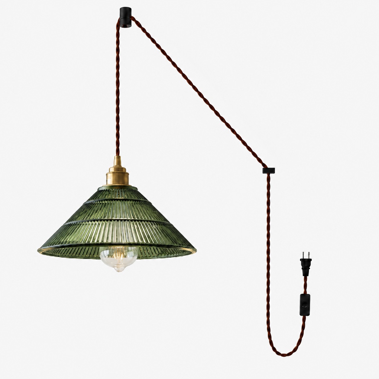Vintage Ribbed Glass Shade Plug‑in Swag Pendant Light - Hanging Lamp for Dining and Living Room