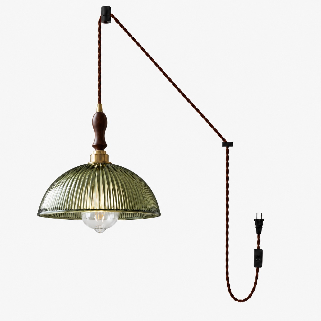 Vintage Ribbed Glass Shade Plug‑in Swag Pendant Light - Hanging Lamp for Dining and Living Room