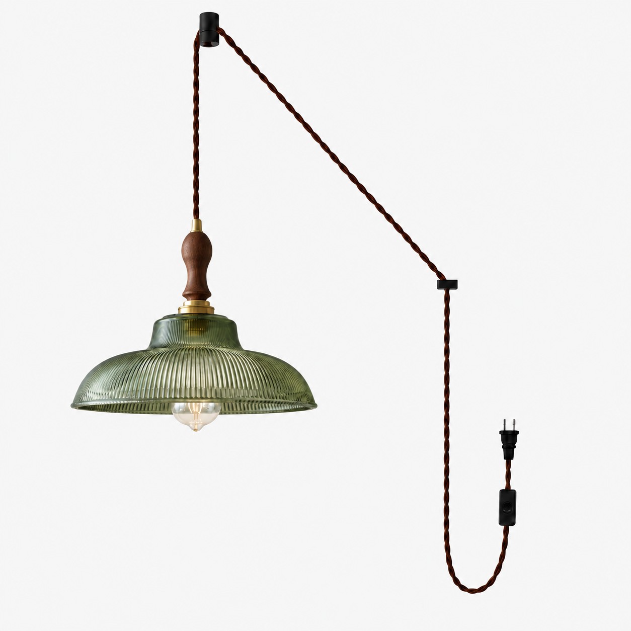 Vintage Ribbed Glass Shade Plug‑in Swag Pendant Light - Hanging Lamp for Dining and Living Room
