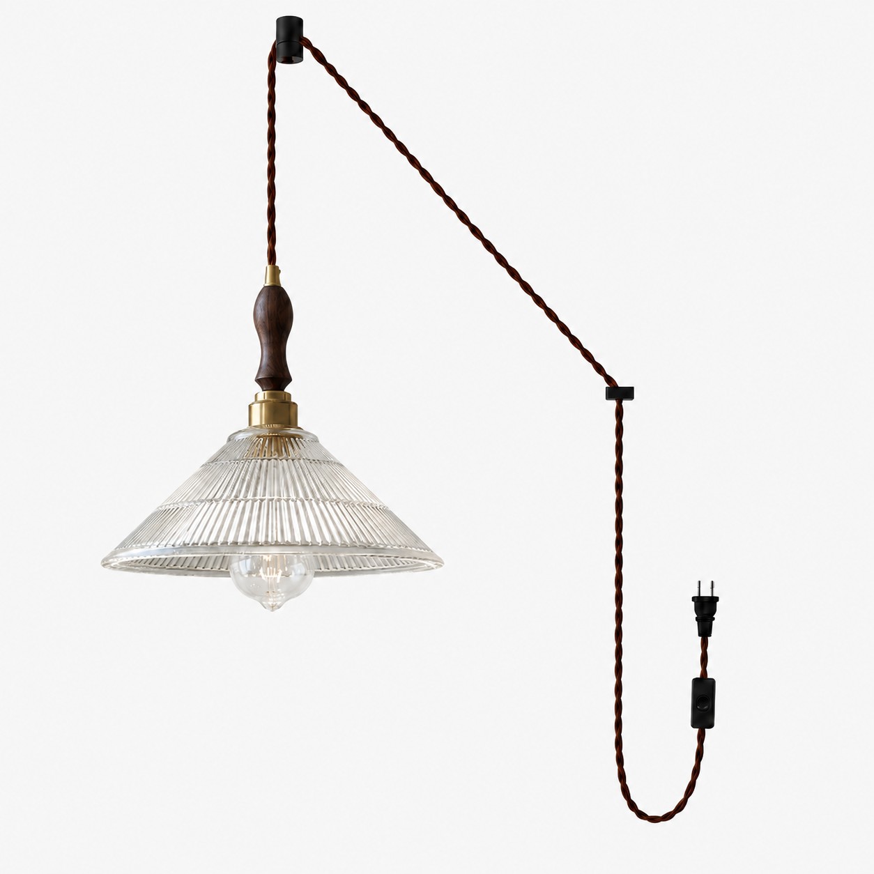 Vintage Ribbed Glass Shade Plug‑in Swag Pendant Light - Hanging Lamp for Dining and Living Room