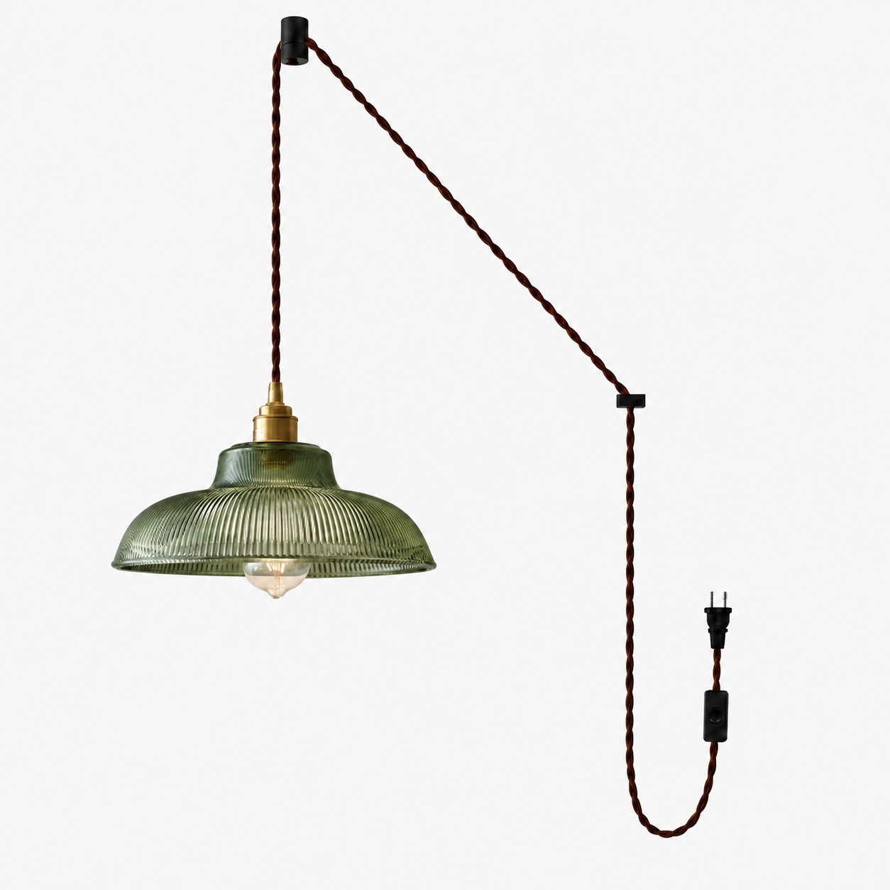 Vintage Ribbed Glass Shade Plug‑in Swag Pendant Light - Hanging Lamp for Dining and Living Room