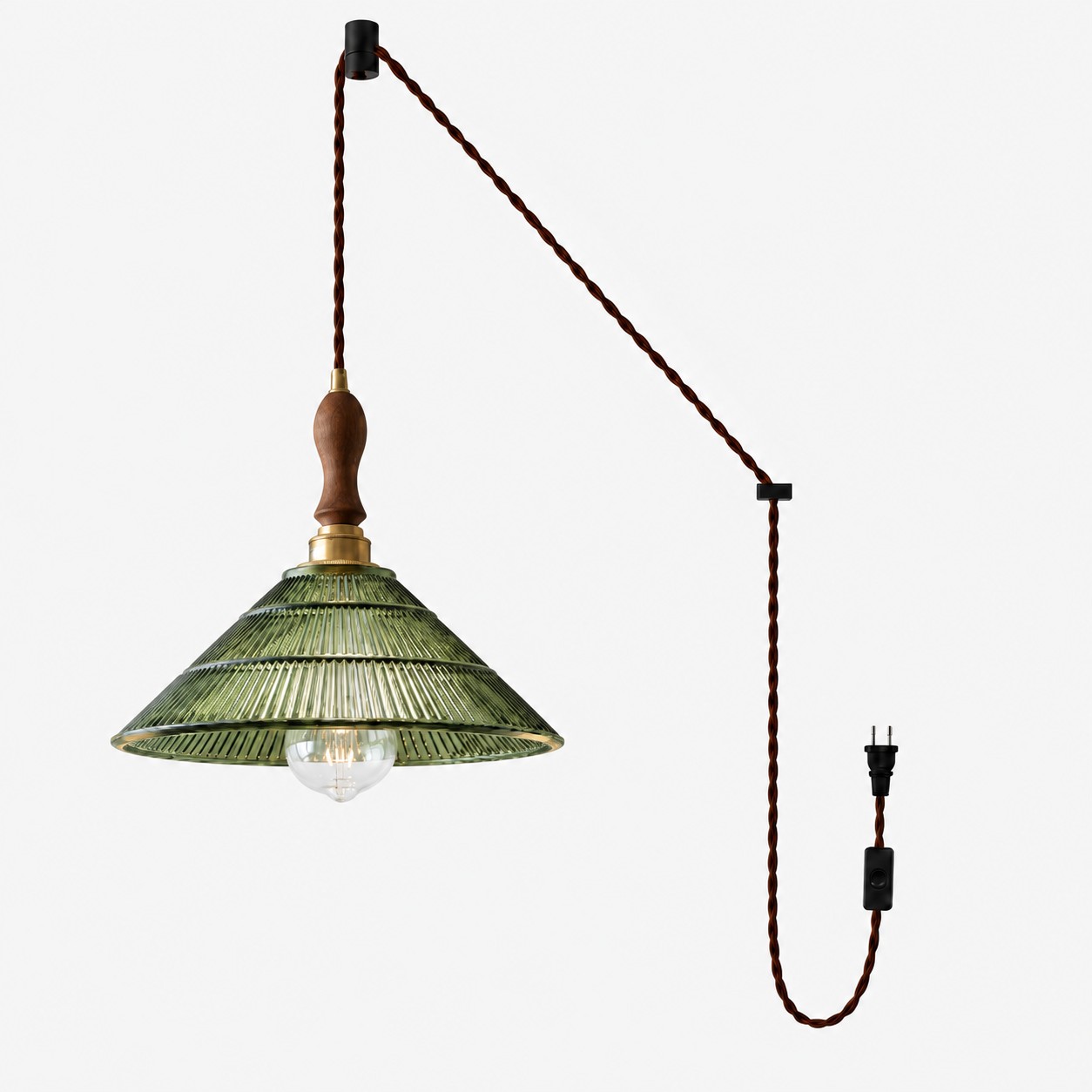 Vintage Ribbed Glass Shade Plug‑in Swag Pendant Light - Hanging Lamp for Dining and Living Room