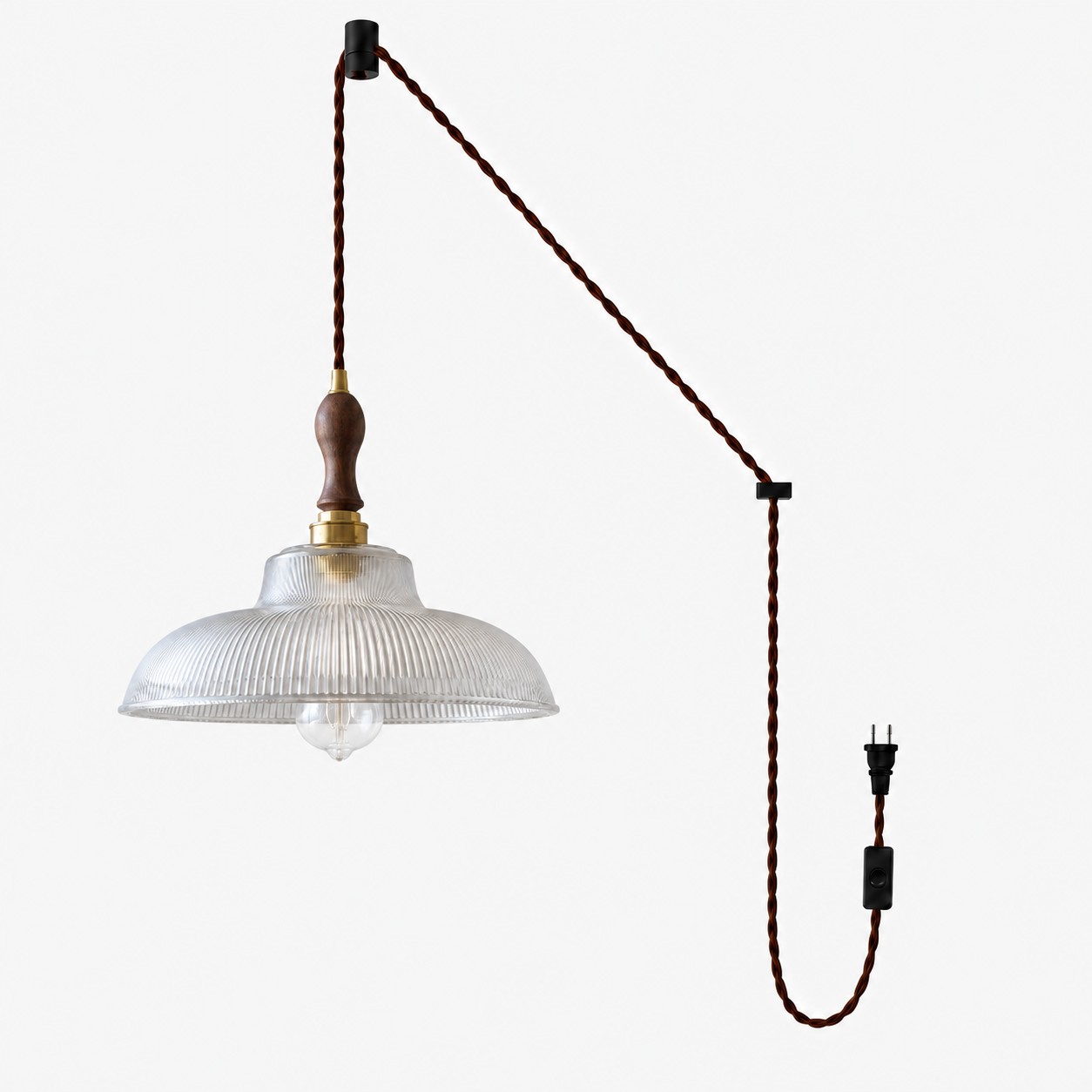 Vintage Ribbed Glass Shade Plug‑in Swag Pendant Light - Hanging Lamp for Dining and Living Room