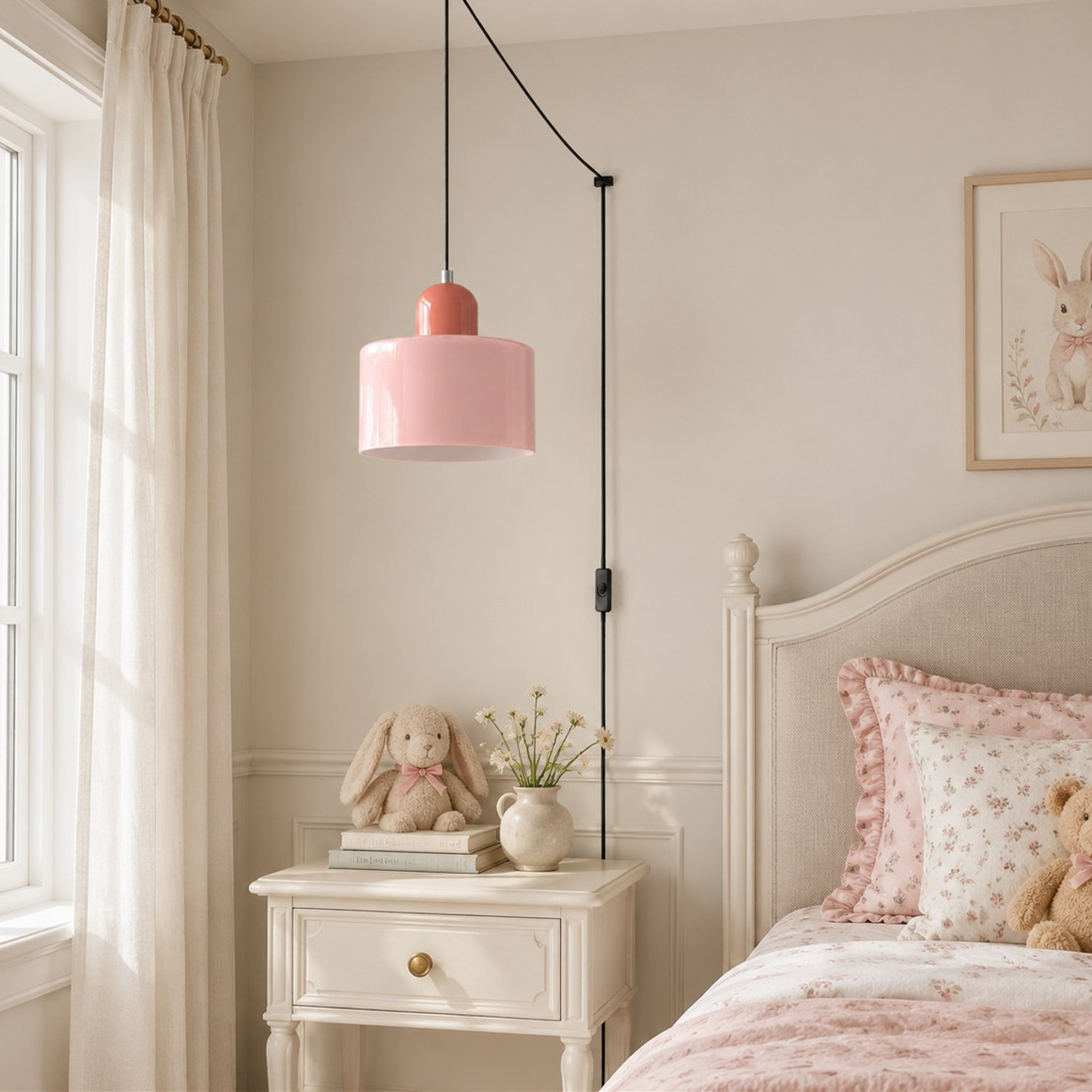 Mid‑Century Macaron Plug‑in Swag Pendant Light - Colorful Shade Hanging Lamp for Home Decor