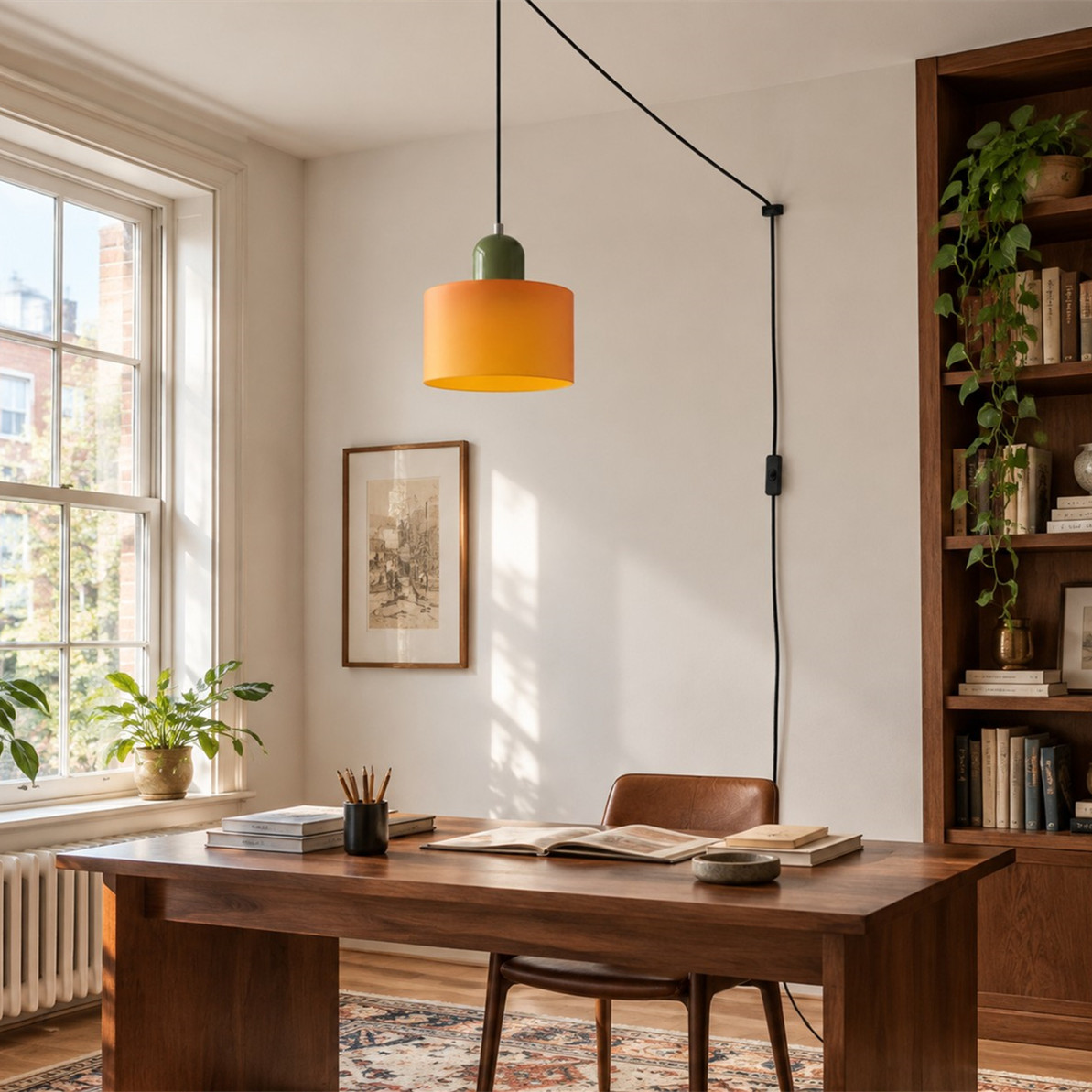 Mid‑Century Macaron Plug‑in Swag Pendant Light - Colorful Shade Hanging Lamp for Home Decor