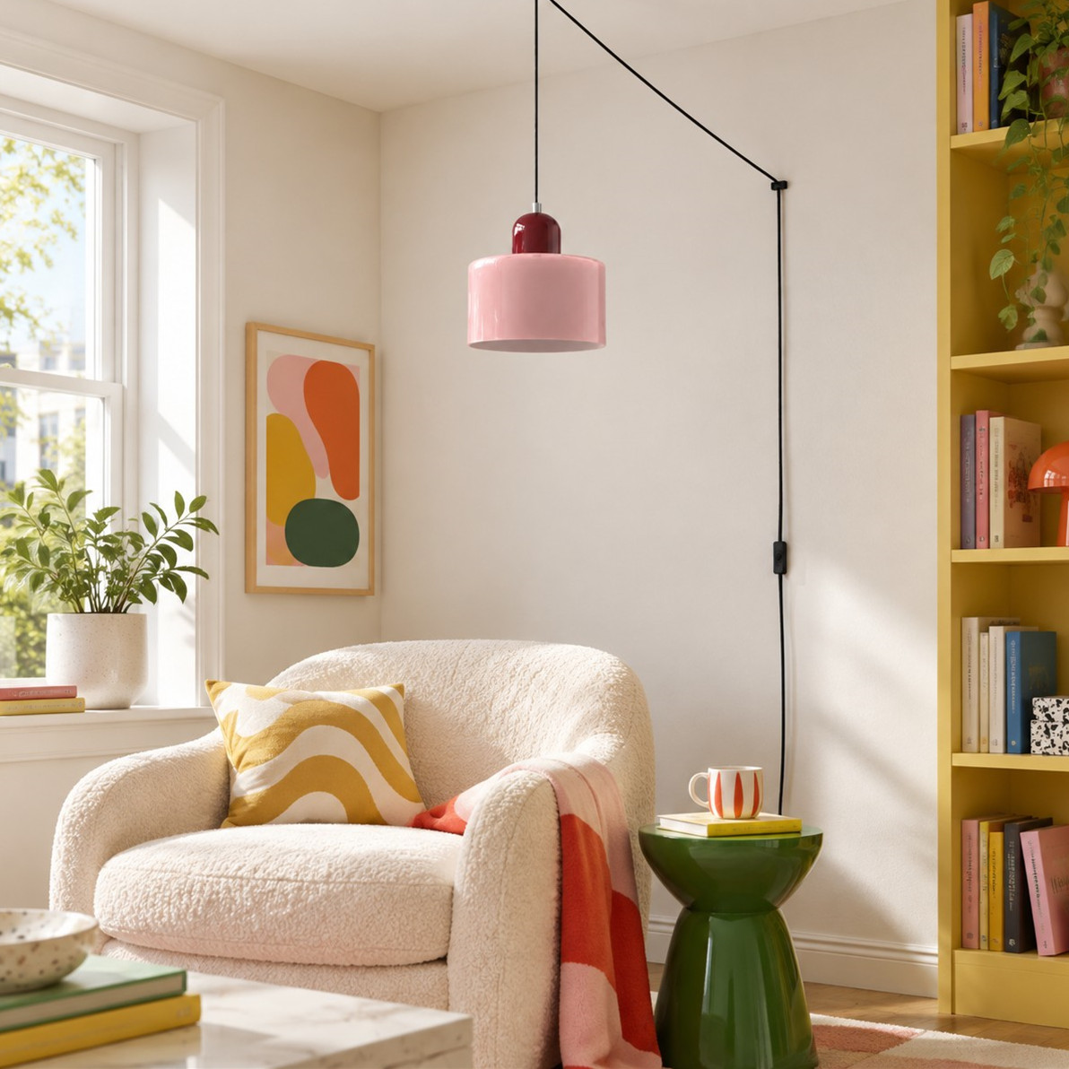 Mid‑Century Macaron Plug‑in Swag Pendant Light - Colorful Shade Hanging Lamp for Home Decor