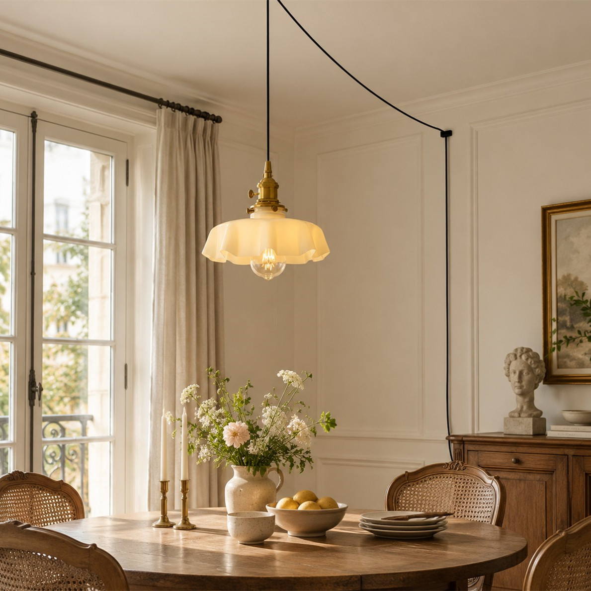 Pleated Glass Antique Brass Plug-In Swag Pendant