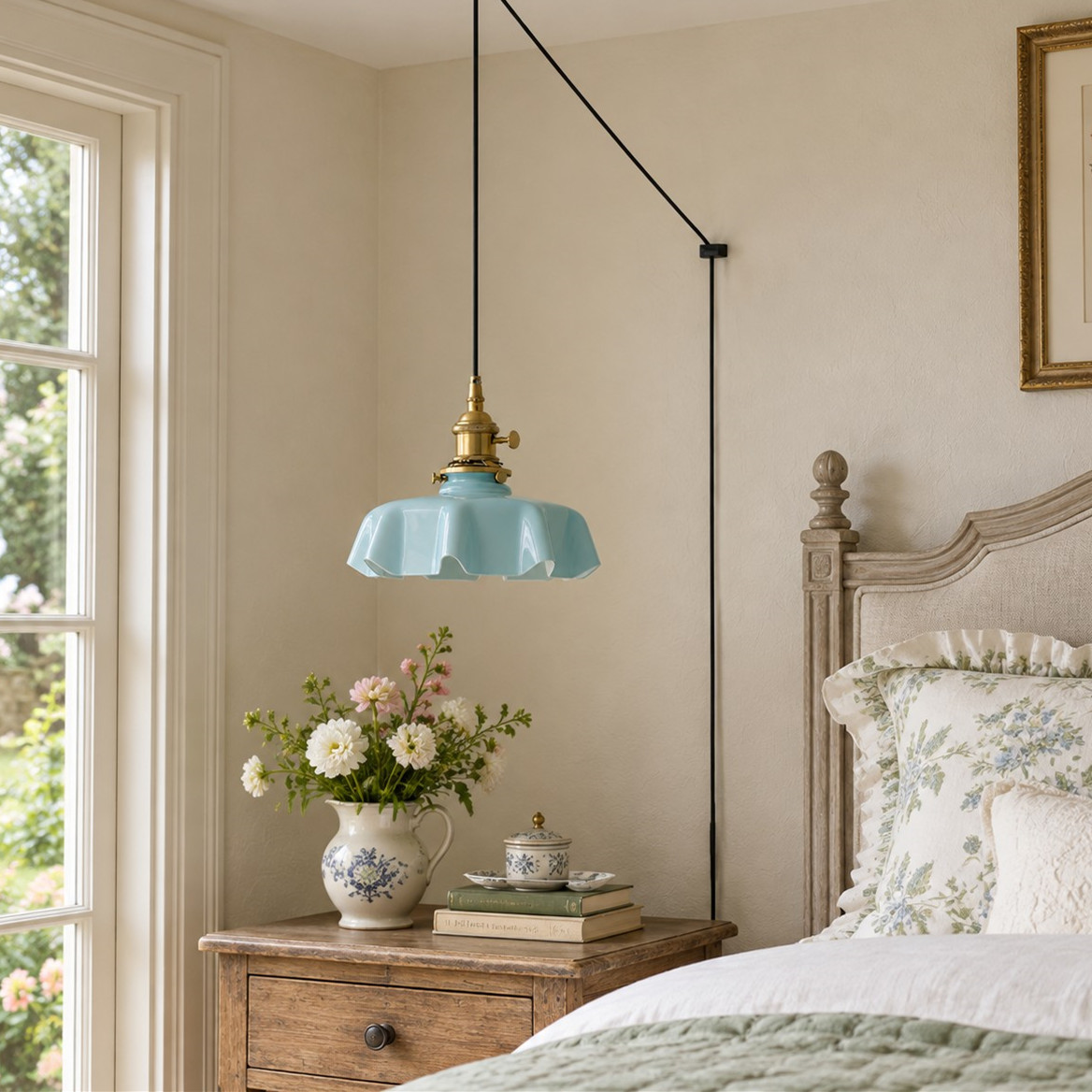 Pleated Glass Antique Brass Plug-In Swag Pendant