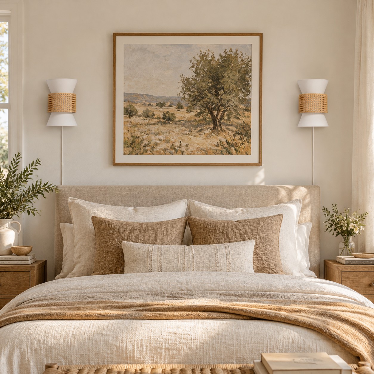 Wandleuchte im K&uuml;sten-Boho-Stil aus Stoff und nat&uuml;rlichem Rattan mit Stecker f&uuml;r Schlafzimmer und Flur