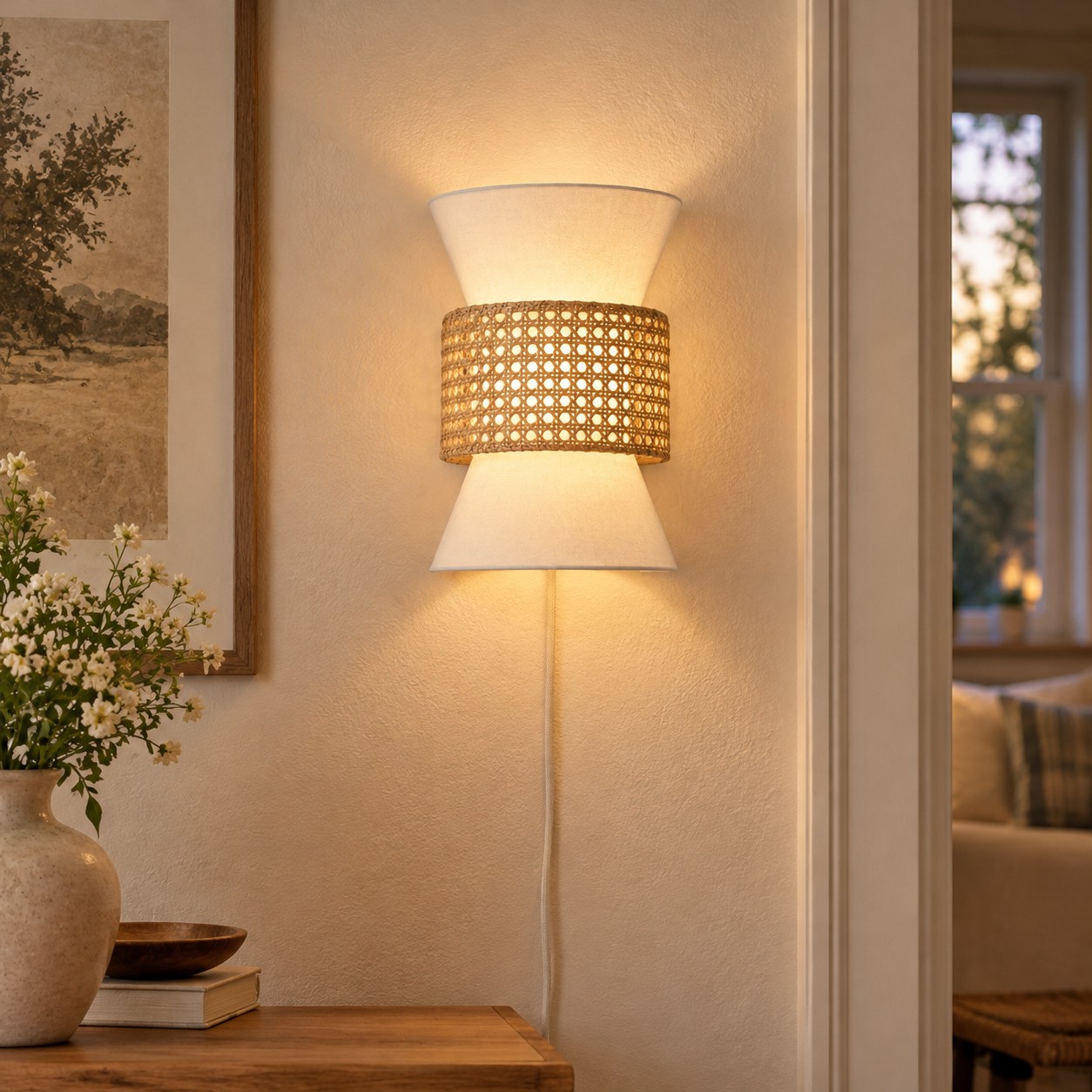 Wandleuchte im K&uuml;sten-Boho-Stil aus Stoff und nat&uuml;rlichem Rattan mit Stecker f&uuml;r Schlafzimmer und Flur
