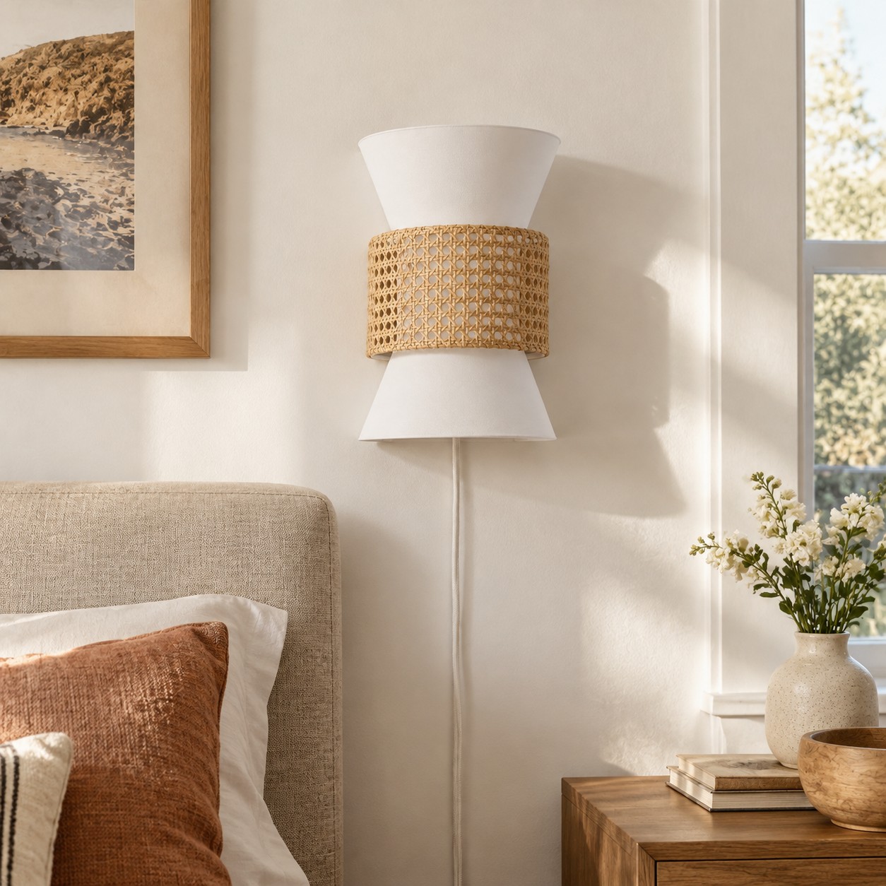 Wandleuchte im K&uuml;sten-Boho-Stil aus Stoff und nat&uuml;rlichem Rattan mit Stecker f&uuml;r Schlafzimmer und Flur