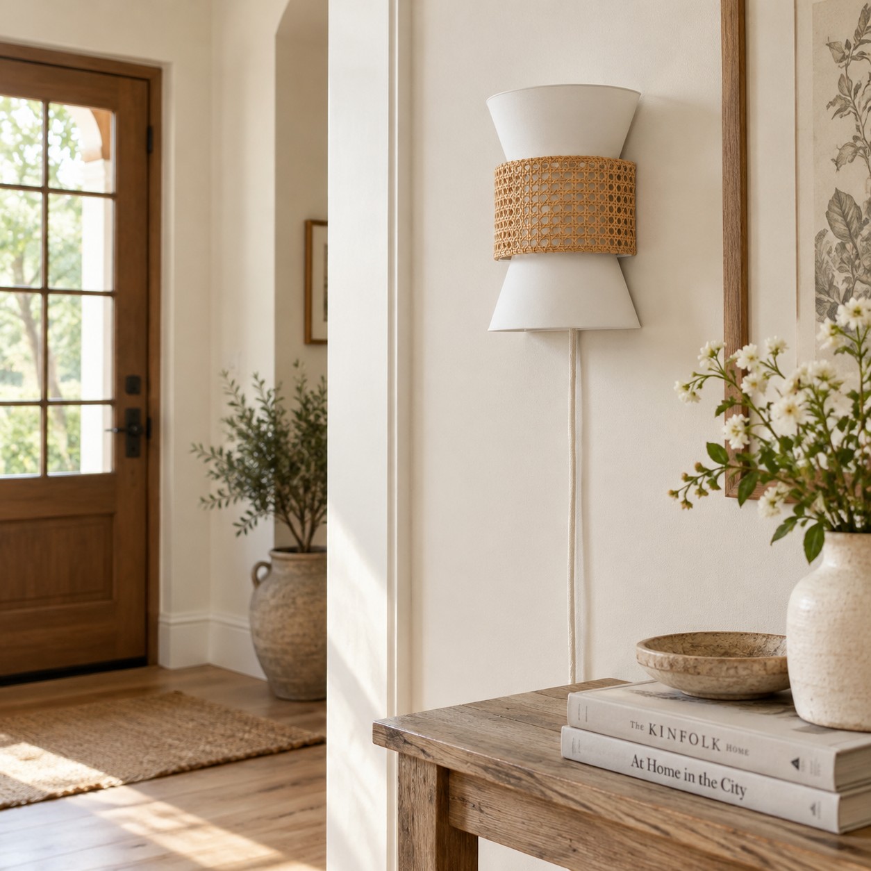 Wandleuchte im K&uuml;sten-Boho-Stil aus Stoff und nat&uuml;rlichem Rattan mit Stecker f&uuml;r Schlafzimmer und Flur
