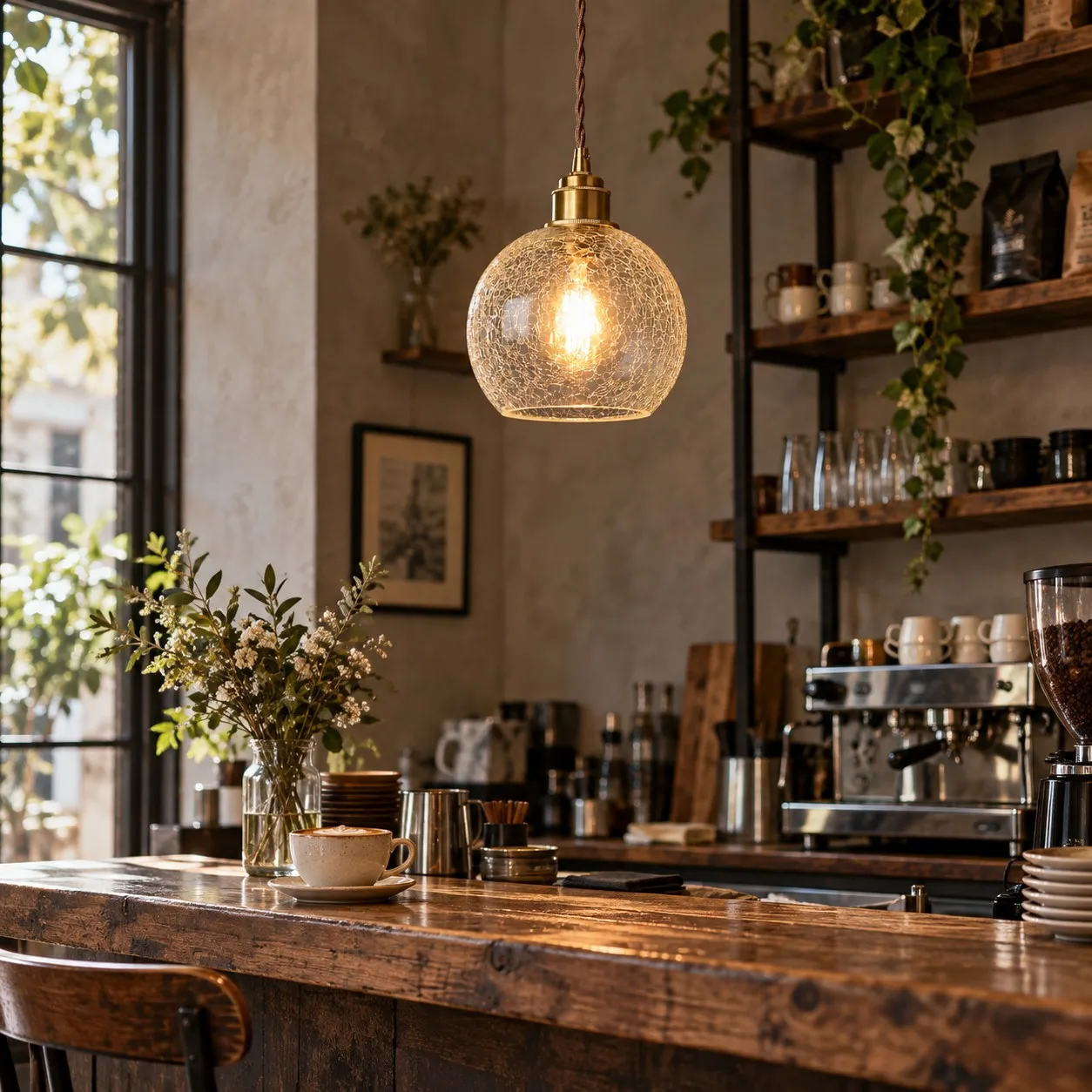 Suspension globe en verre craquel&eacute; avec base en cuivre