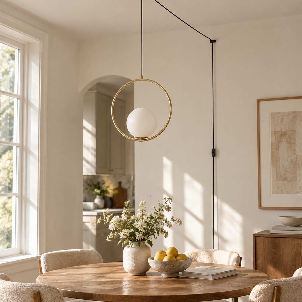 Pearl Glass Sphere Brass Plug-In Pendant