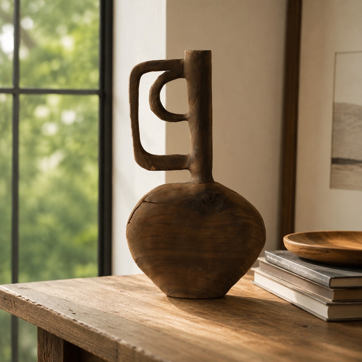 Hand-Carved Solid Wood Sculptural Vase
