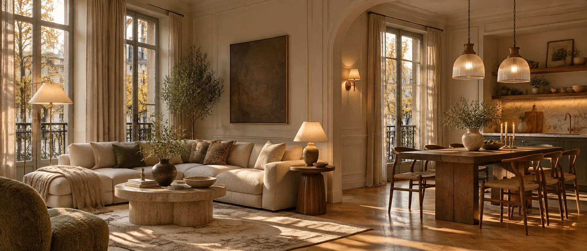 Iluminación cálida en un salón y comedor europeos