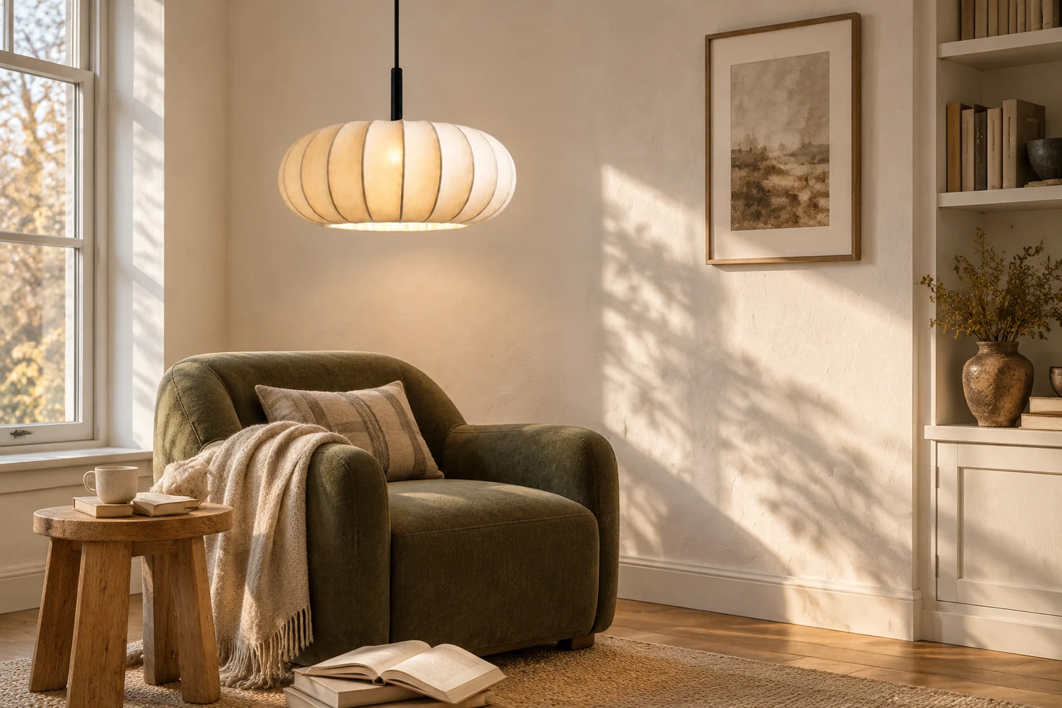 Suspension en tissu blanc près d'un fauteuil de lecture