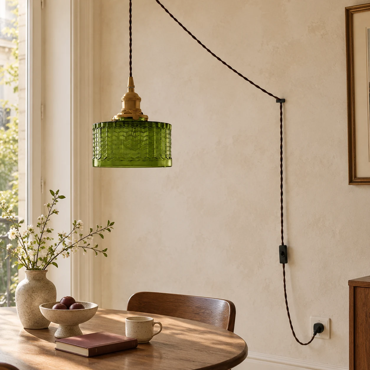 Suspension en verre vert chevron