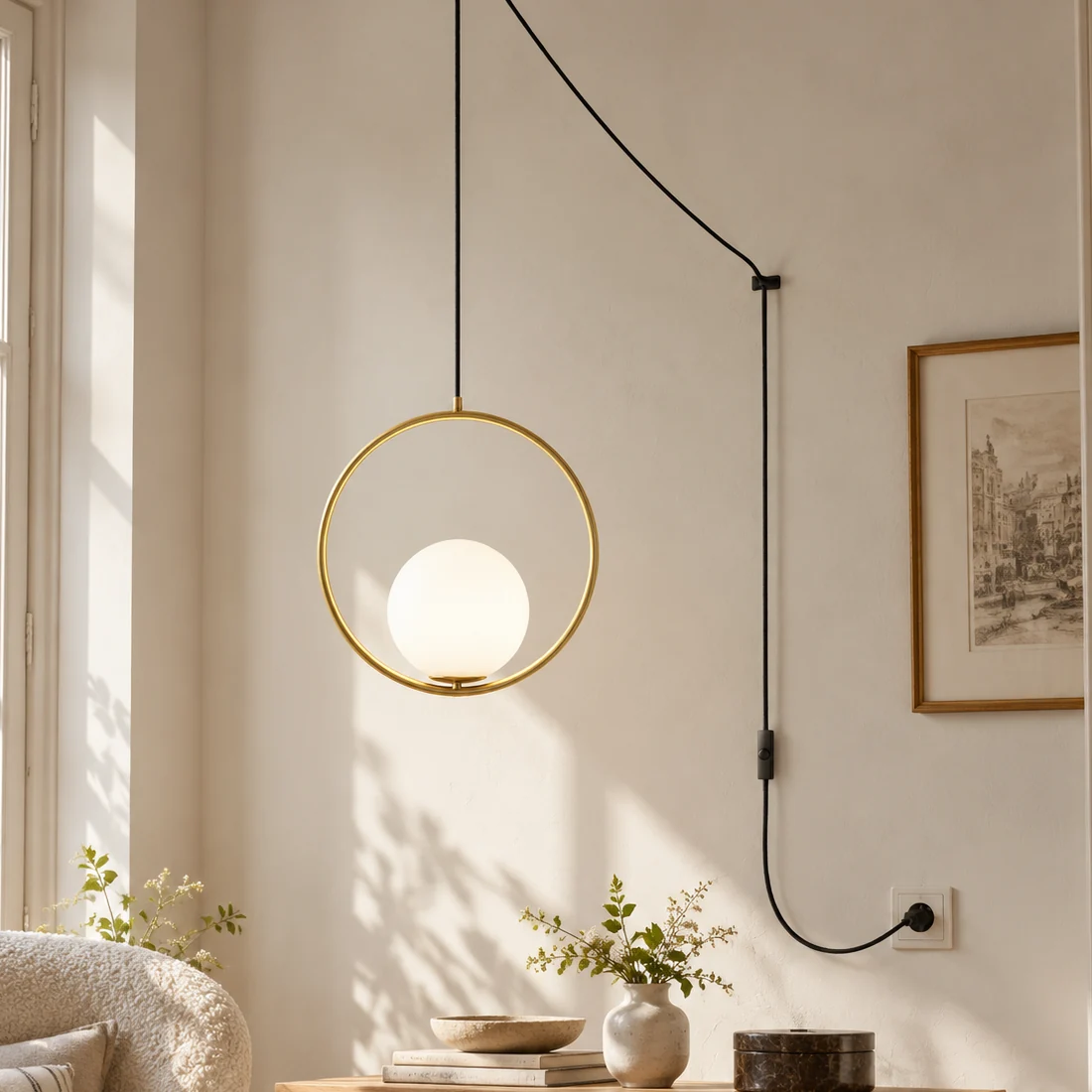 Suspension sphère en verre nacré et laiton