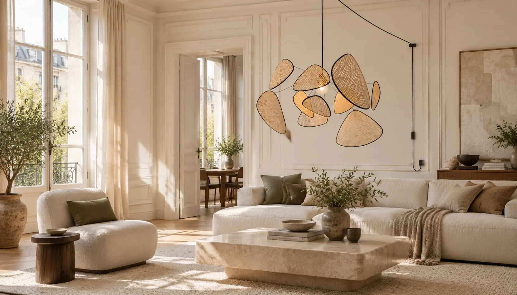 Suspension avec prise dans un salon lumineux