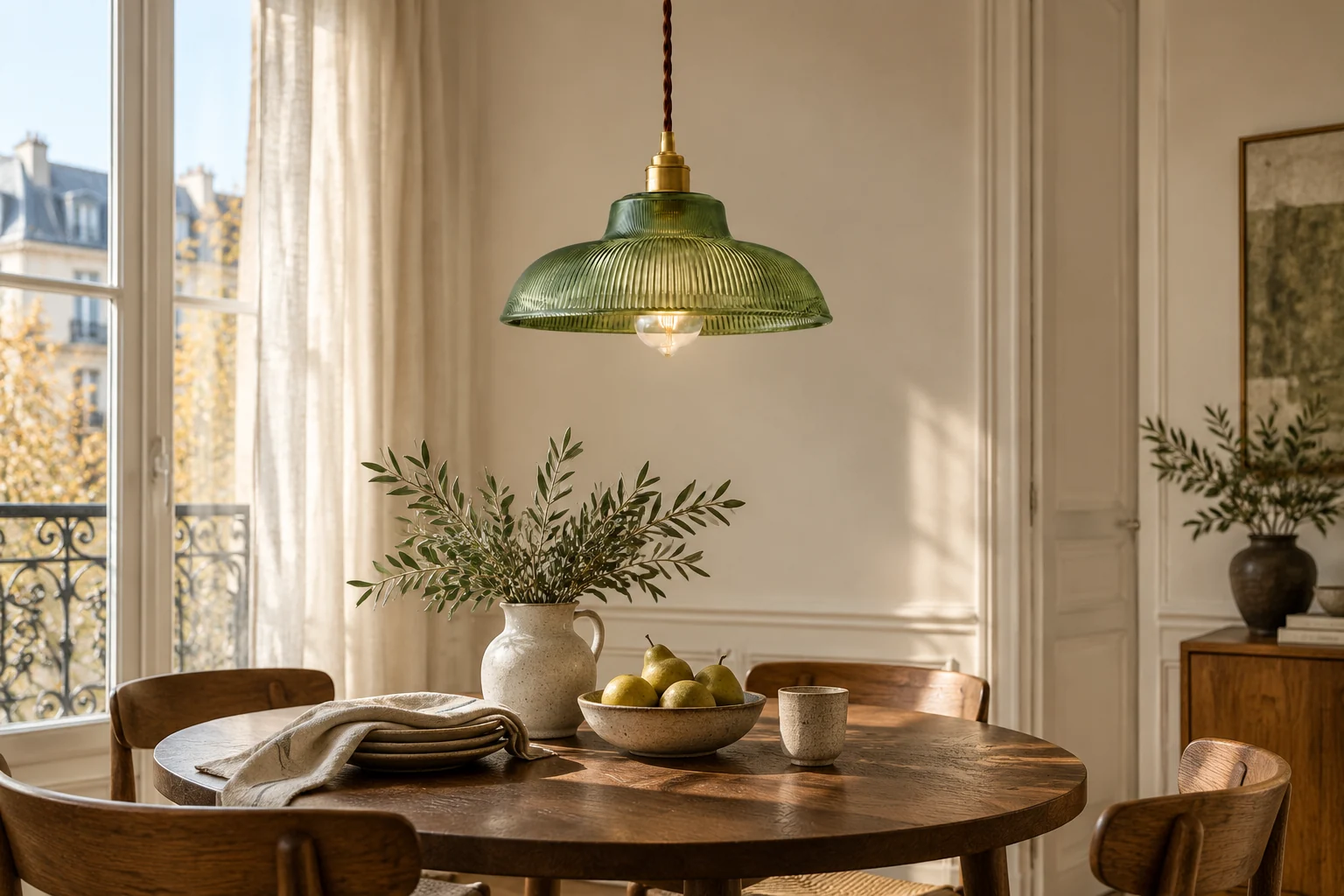 Suspension en verre côtelé vert au-dessus d'une table à manger