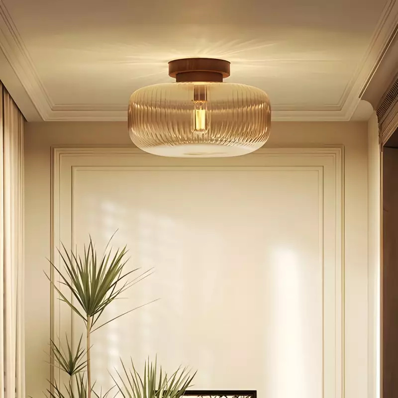 Plafonnier rond encastr&eacute; en verre cannel&eacute; ambr&eacute; r&eacute;tro Amberflow &ndash; Id&eacute;al pour les couloirs et les entr&eacute;es