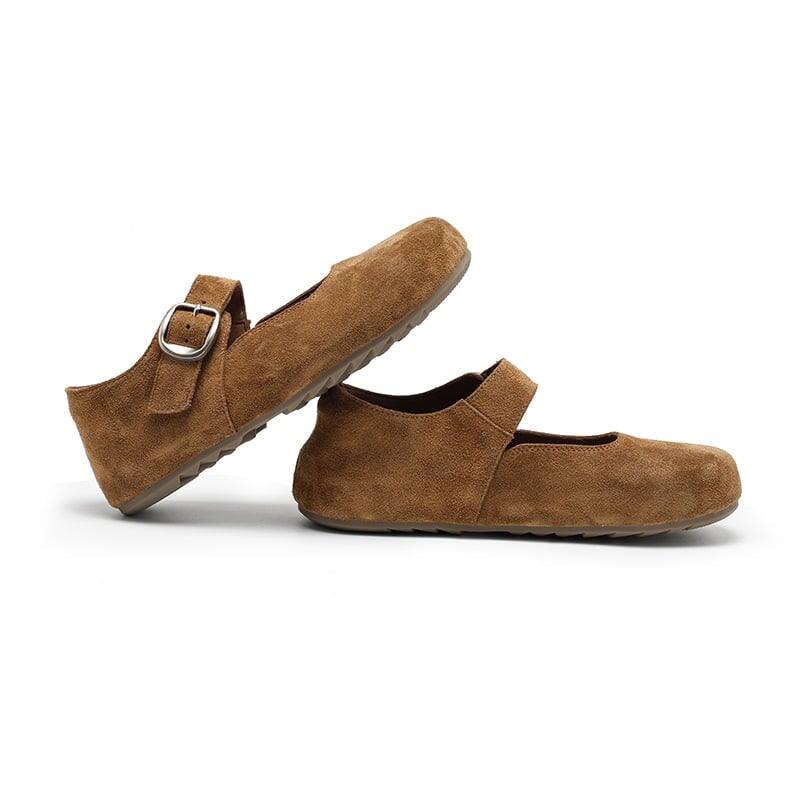 Handmade Soft Suede Leather Mary Jane Flats with Buckle in Light Grey/Coffee/Light Brown/Pink/Apricot