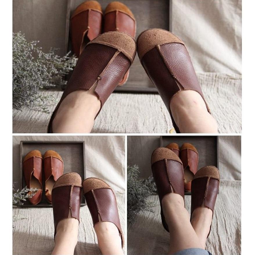 Mocasines retro de cuero suave hechos a mano, de dise&ntilde;o, planos descalzos para mujer