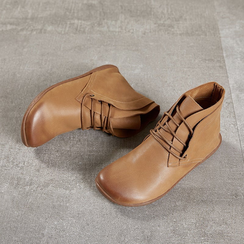 Botines descalzos de cuero retro hechos a mano con cordones para mujer, color marr&oacute;n/caqui