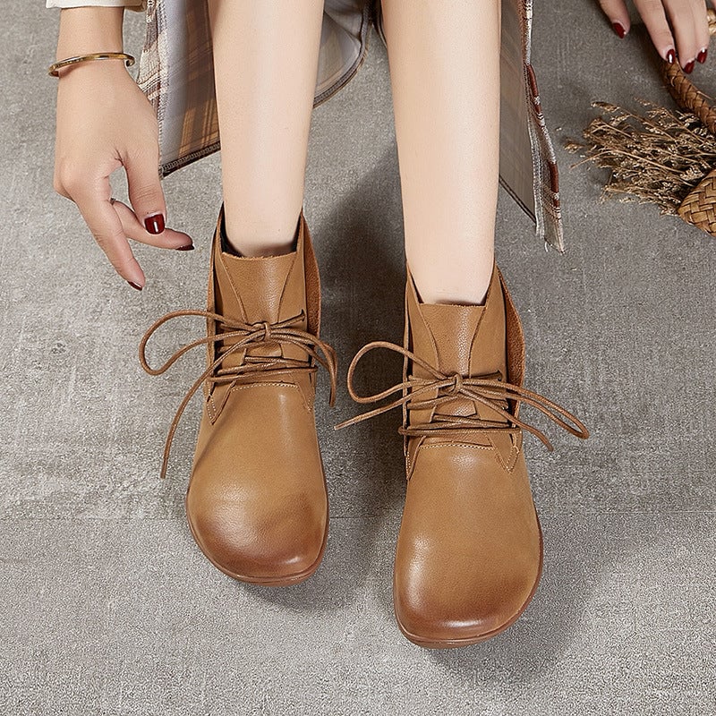 Botines descalzos de cuero retro hechos a mano con cordones para mujer, color marr&oacute;n/caqui