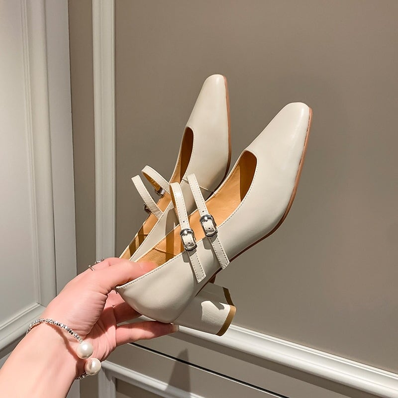 Elegantes tacones Mary Jane de piel de vaca con doble tira | Zapatos de boda y oficina en beige/plata
