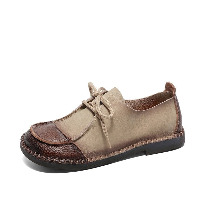Scarpe Oxford e ballerine con lacci in morbida pelle per donna, fatte a mano, colore marrone/beige