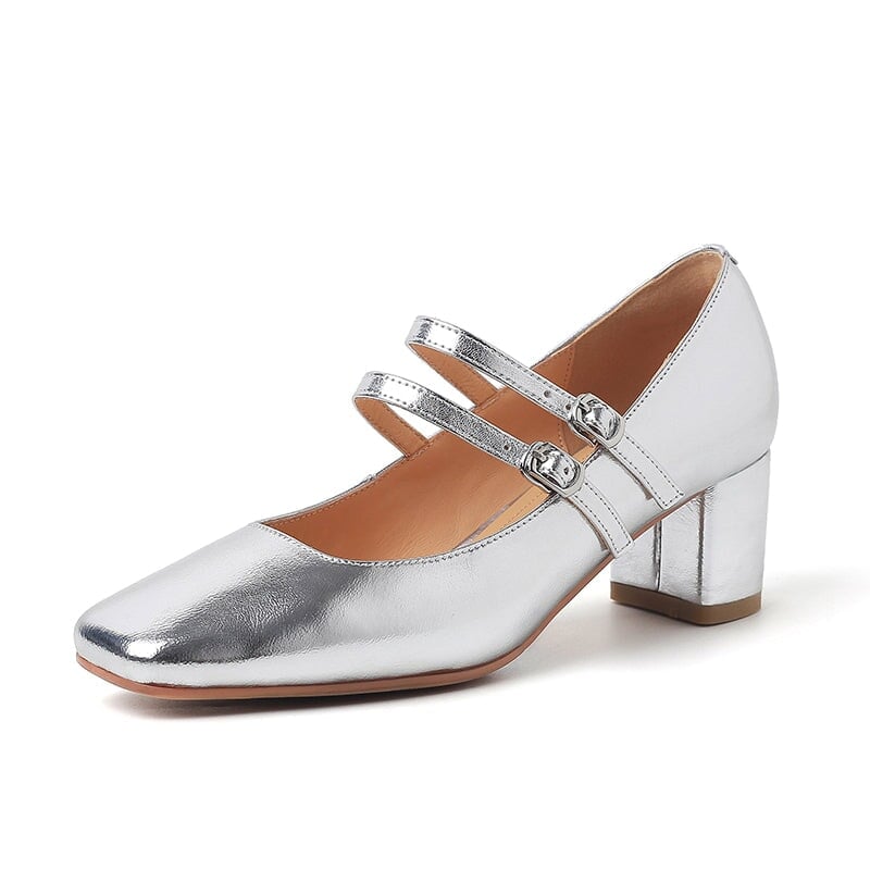 Elegantes tacones Mary Jane de piel de vaca con doble tira | Zapatos de boda y oficina en beige/plata