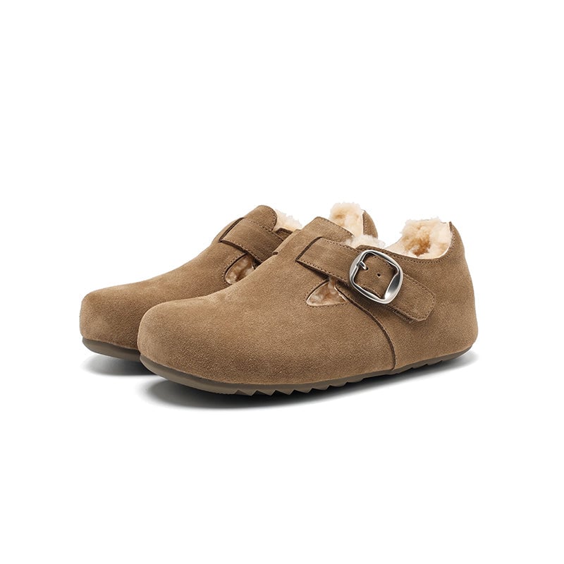 Women's Suede T-Strap Winter Shoes Wool-Lined Buckle Flats in Brown/Coffee/Light Khaki