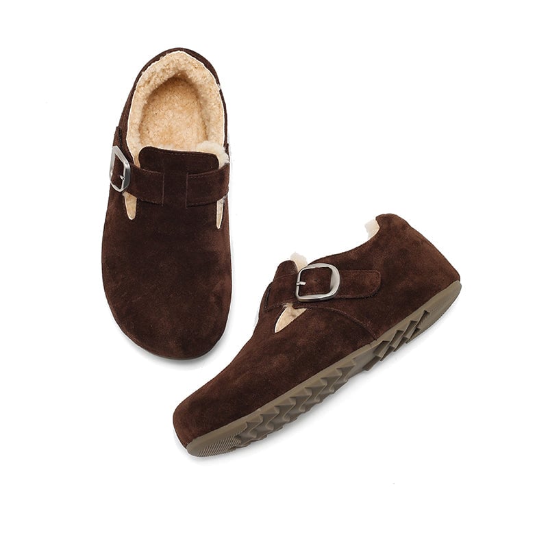 Women's Suede T-Strap Winter Shoes Wool-Lined Buckle Flats in Brown/Coffee/Light Khaki